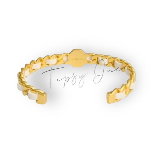 Tory Burch Marion Woven Gold and White Leather Earring & Bracelet Set - Picture 3 of 4